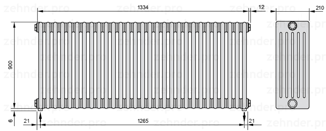 Схема (чертеж) Радиатор Zehnder Charleston 6090/29 №3570 Белый глянцевый RAL 9016